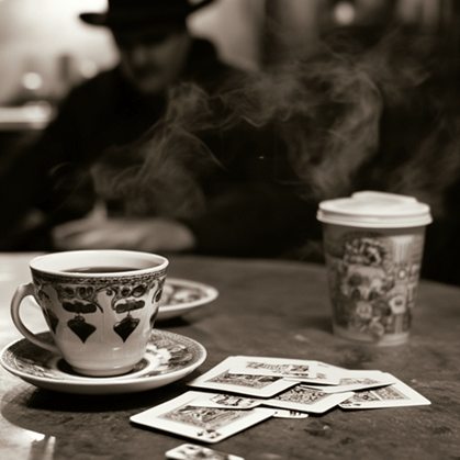 Table with playing cards and coffee cups