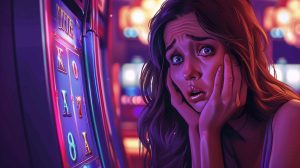 a female slot player who is very sad, after making slot mistakes and she lost on a slot machine.