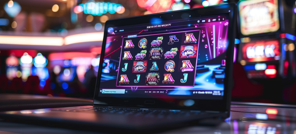 Online slot game with 3x5 grid on a laptop inside a casino