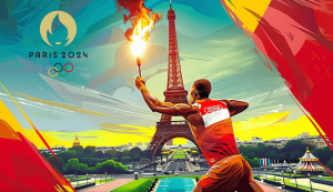 Illustration of an athlete holding the Olympic torch in front of the Eiffel Tower, with the Paris 2024 logo and Olympic rings on the left side.